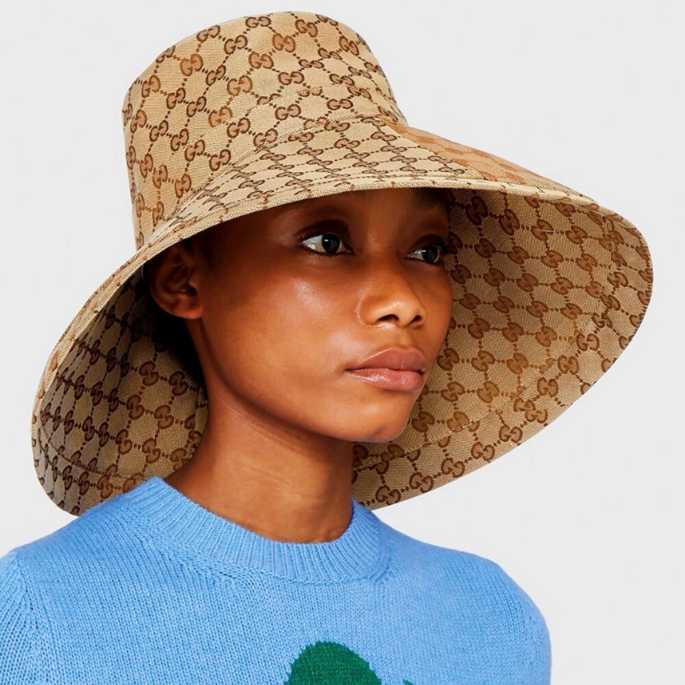 Beige Wide Brim Large Jacquard Canvas Monogram Bucket Hat Sun Coverage Beach New - Picture 8 of 16